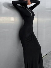 Solid Color Split-Joint Bodycon Long Sleeves High Neck Maxi Dresses
